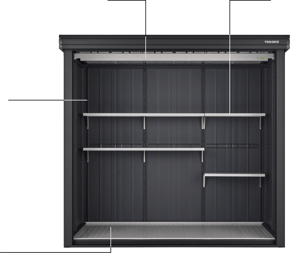 屋根（庫内側）・もや、棚板・棚受、床はオフホワイト。本体はブラック