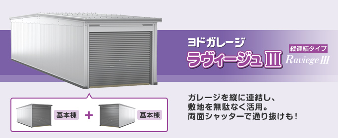 ラヴィージュⅢ 縦連結タイプ：ガレージを縦に連結し、敷地を無駄なく活用。両面シャッターで通り抜けも！